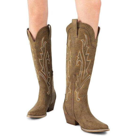 Womens Faux Leather Tan Embroidered Side Zipper Chunky Heel Retro Tall Boot - Picture 3 of 9